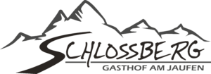 Farbiges Logo mit Berge und Schriftzug Schlossberg Gasthof am Jaufen